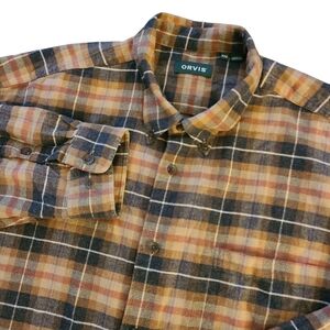 Orvis Men's 2XL Tan & Gray Plaid Long Sleeve Outdoors Fall Hiking Luxury Flannel